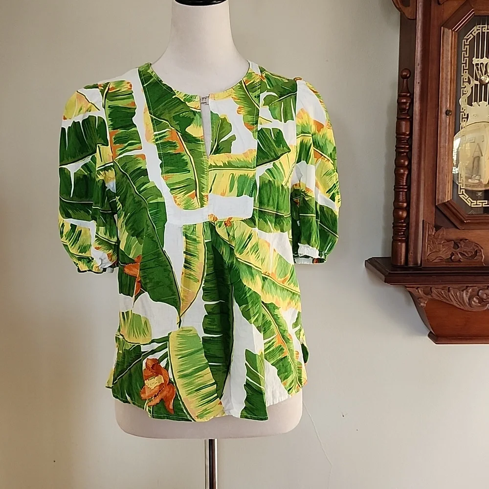 Cynthia Rowley Tropical Print Linen Blend Blouse M - Picture 9 of 11